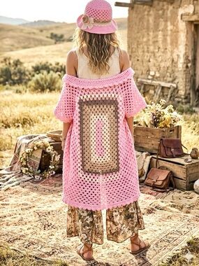 Artisan Granny Square Boho cocoon kimono shrug cover up w cottagecore vibe
